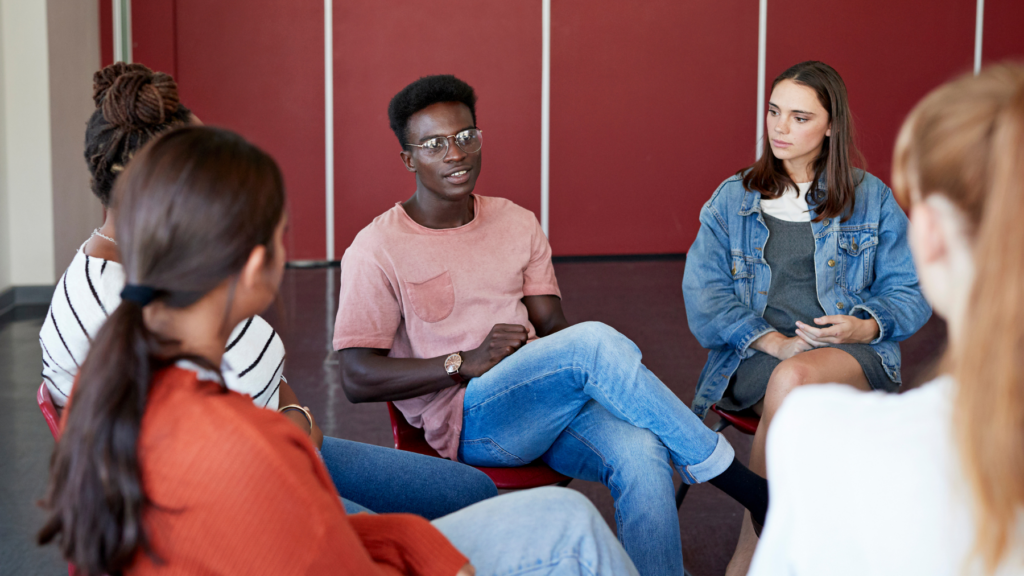 a group of people talking